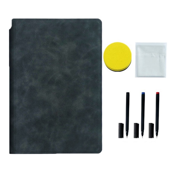 Set Agenda A5 Reutilizabila, OPTIM SOLUTION, Pagini Tip Tabla, Carnet Smart cu Pagini Albe cu Stergere / Uscare, 3 Markere, 1 Burete, 1 Laveta de Sters, pentru Scriere Creativa, Notite, Scoala, Facultate, Portabila, 24 x 16.5 cm, Coperta Piele, Negru