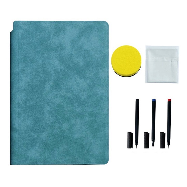 Set Agenda A5 Reutilizabila, OPTIM SOLUTION, Pagini Tip Tabla, Carnet Smart cu Pagini Albe cu Stergere / Uscare, 3 Markere, 1 Burete, 1 Laveta de Sters, pentru Scriere Creativa, Notite, Scoala, Facultate, Portabila, 24 x 16.5 cm, Coperta Piele, Albastru