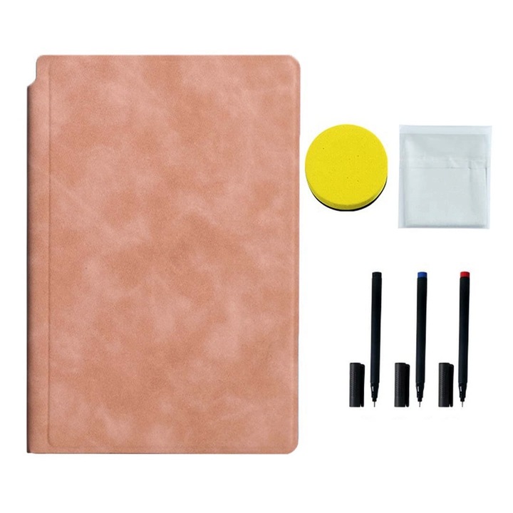 Set Agenda A5 Reutilizabila, OPTIM SOLUTION, Pagini Tip Tabla, Carnet Smart cu Pagini Albe cu Stergere / Uscare, 3 Markere, 1 Burete, 1 Laveta de Sters, pentru Scriere Creativa, Notite, Scoala, Facultate, Portabila, 24 x 16.5 cm, Coperta Piele, Roz