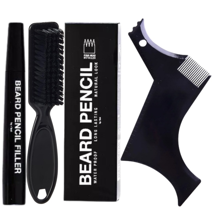 Set Complet de Stilizare a Barbii si Mustatii - Creion Maro pentru Umplere, Perie de Aranjare, Sablon Negru Pentru Barba si Mustata