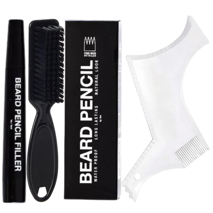 Set Complet de Stilizare a Barbii si Mustatii - Creion Negru pentru Umplere, Perie de Aranjare, Sablon Negru Pentru Barba si Mustata