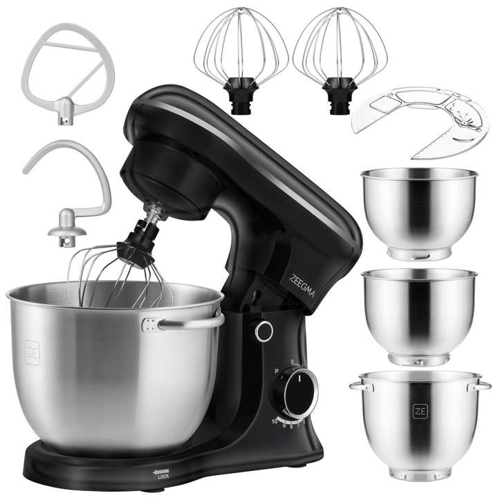 Планетарен робот Zeegma Planet Trio: три функционални купи, капацитет 5, 2 l, 4, 5 l, 4 l, капак 10 в 1, планетарно въртене, 10 нива на мощност, защита от прегряване, 4 аксесоара, елегантен дизайн, лесна работа, издръжлива конструкция - Черно