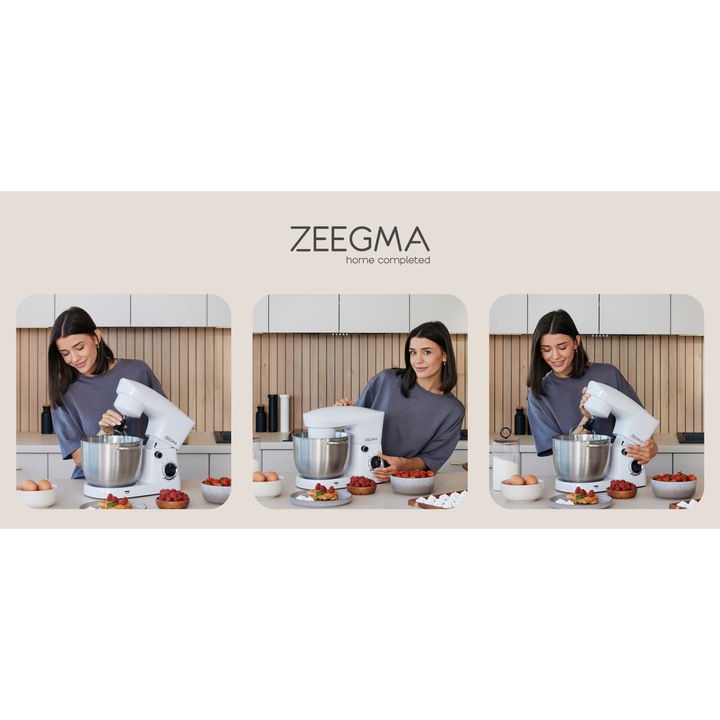 Robot planetar Zeegma Planeet Easy: rotatie planetara, capac multifunctional 10 in 1, bol spatios de 5,2 l, putere 1500 W, dimensiuni compacte 36,5x22,5x29,6 cm, picioare antiderapante, 3 atasamente, protectie supraincalzire, usor de curatat - Alb
