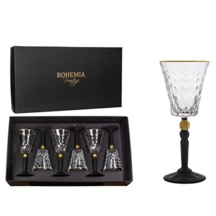 Bohemia Prestige Conte fekete borospoharak, 6 darabos készlet, 260ml, Luxion kristály, arany és fekete részletek, 21x9cm