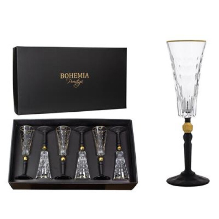 Чаши за шампанско Bohemia Prestige Conte Black, комплект от 6, 170 мл, безоловен кристал, златисти и черни детайли, 24.4x7.6 см
