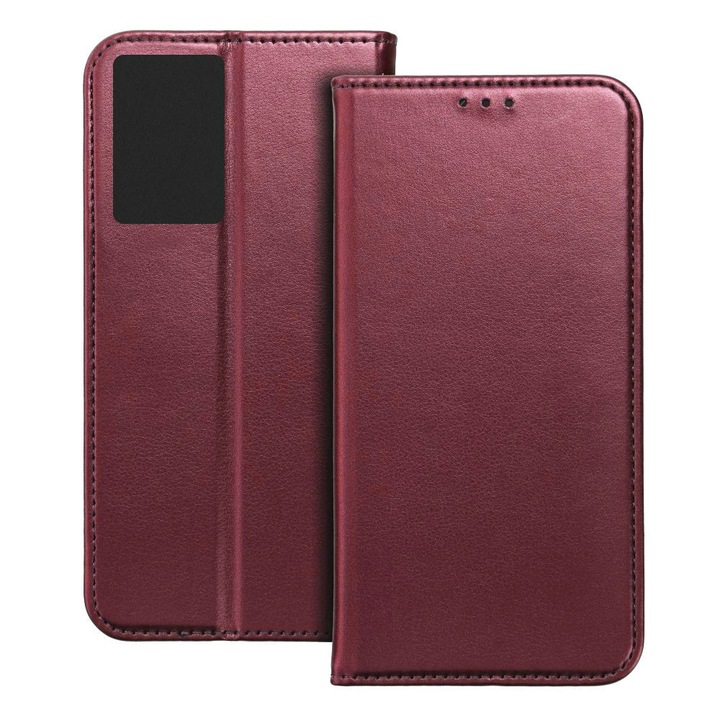 Husa pentru Motorola Moto G85, Piele ecologica, Premium PU Leather Book, Buzunar card, Inchidere magnetica, Functie stand / suport, Decupaj difuzor apeluri, Acoperire completa 360 de grade, Protectie fata-spate, Tip carte, Visiniu