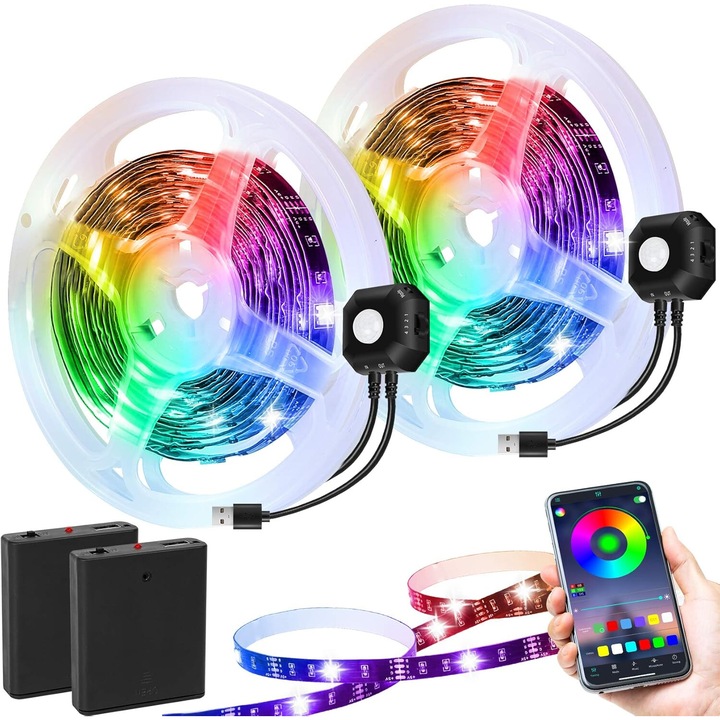 Banda LED cu senzor de miscare PIR, RGB, aplicatie mobila, multicolor, 2 x 3m