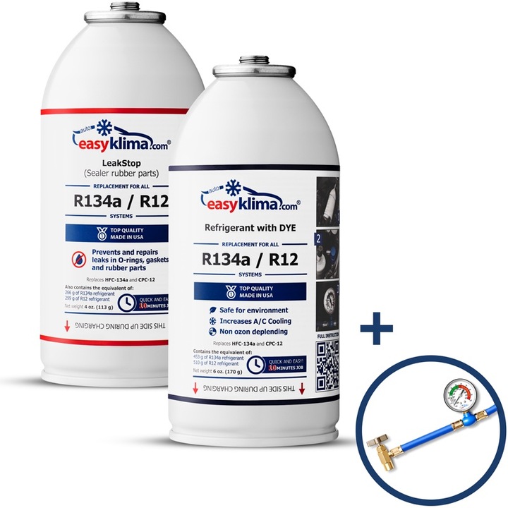 Kit de umplere A/C EasyKlima cu etansant LeakStop R134a, umpleti si reparati singur sistemul A/C, pentru autovehicule din 1995 - 2016