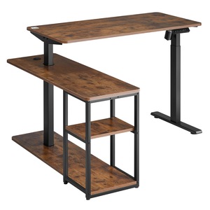 Birou electric Ergo Office ER-450 cu reglare a inaltimii 73–121 cm, blat 120x60 cm, raft lateral 120x40x64,5 cm, cadru negru, maro rustic, sarcina maxima 70 kg, memorie 3 pozitii si sistem anti-coliziune, ideal pentru lucru in sezut sau in picioare