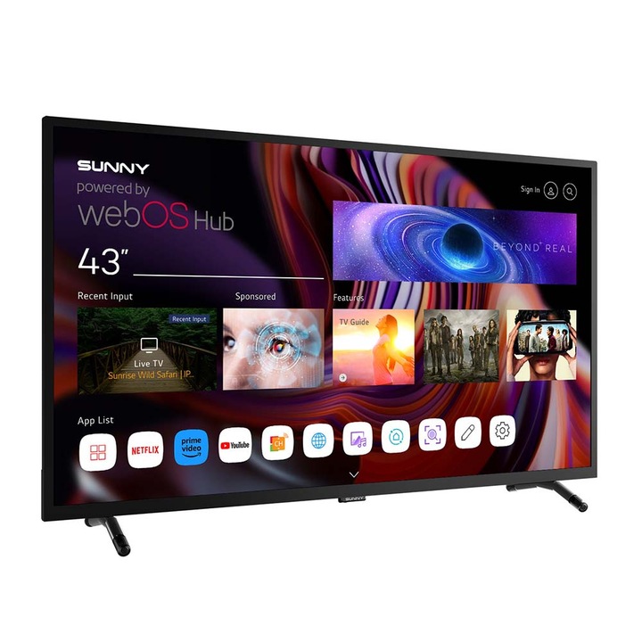 Телевизор Sunny FHD SN43DIL-5400276, 43 inch, Full HD Smart, Wi-Fi, Bluetooth, WebOS, Frameless, DVB-T2/C/S2, DLED, Черен