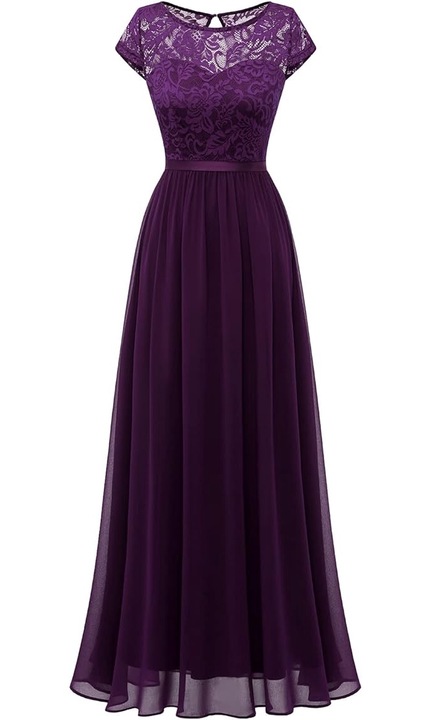 Rochie lunga eleganta, DRESSTELLS, de seara, cu dantela si sifon, marimea M, Violet inchis