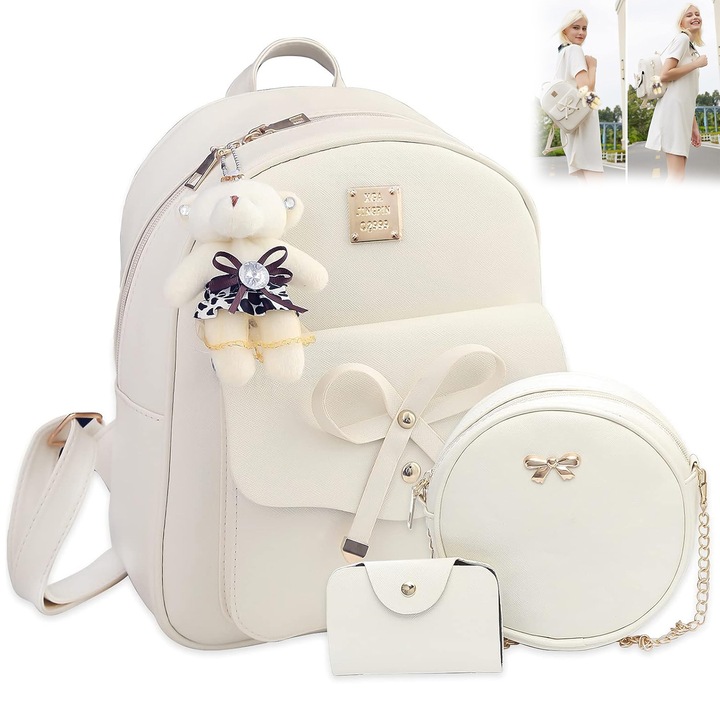 Дамска раница RorAem, комплект от 3 броя елегантна дамска раница, изработена от еко кожа, ежедневна раница с висулка мече, бяла, 9,8x5,5x11,8 инча, издръжливи ципове, регулируема презрамка, идеална за училище, офис и ежедневна употреба