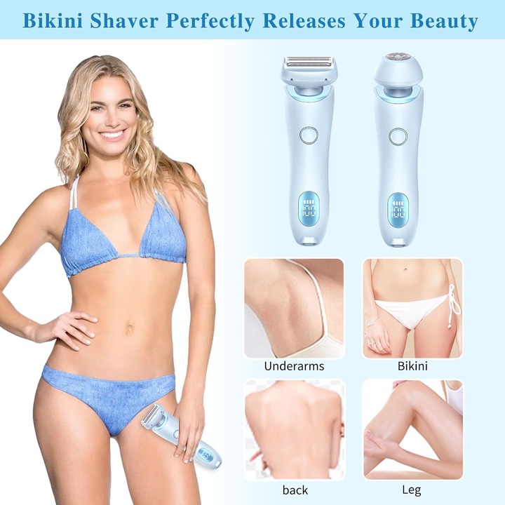 RorAem Wet & Dry Epilátor, bikini trimmer, 7500rad/perc, vízálló IPX7, Három az egyben használat, Nem károsítja a bőrt, trimmer, testre, arcra, szemöldökre, orra, hordozható, kék, USB-vel tölthető, cserélhető vágófejek, kék