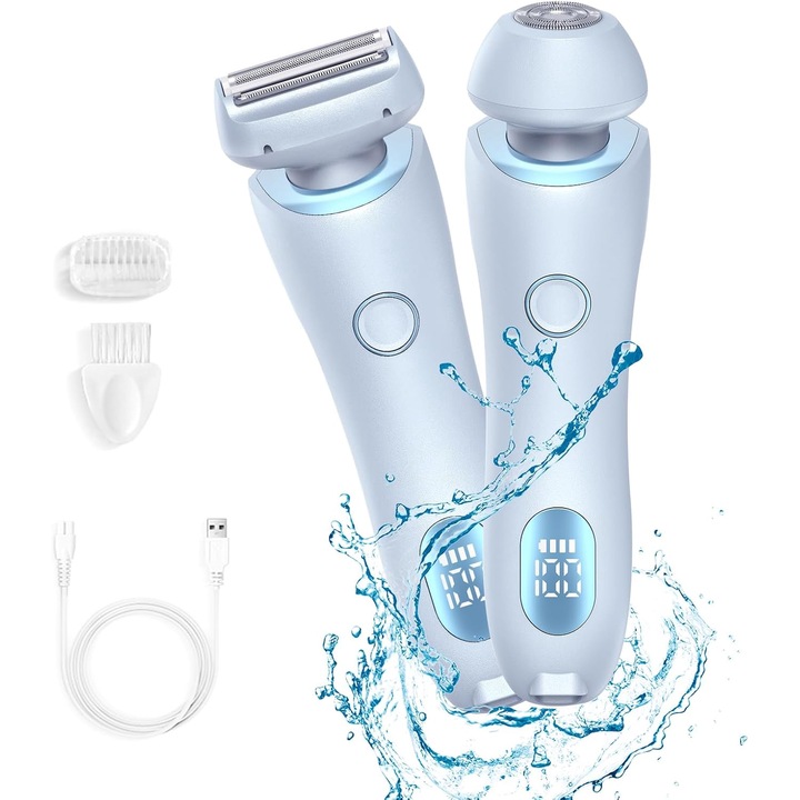 RorAem Wet & Dry Epilátor, bikini trimmer, 7500rad/perc, vízálló IPX7, Három az egyben használat, Nem károsítja a bőrt, trimmer, testre, arcra, szemöldökre, orra, hordozható, kék, USB-vel tölthető, cserélhető vágófejek, kék