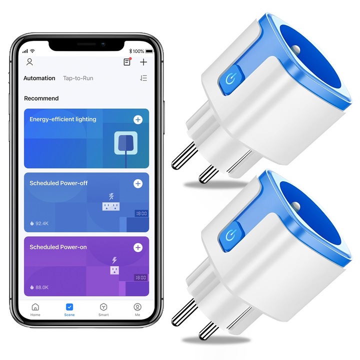 Комплект от 2 смарт контакта, BYONDSELF®, 20A, Wi-Fi, Мониторинг на консумацията на енергия, Гласов контрол, Защита от деца, Съвместим с Alexa/Google Assistant, Бял
