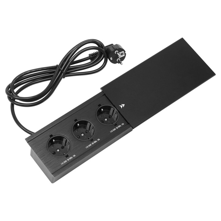 Контакт за вграждане, WALALLA, 3 EU контакта, 10A, 240V, черен, за офис или кухня