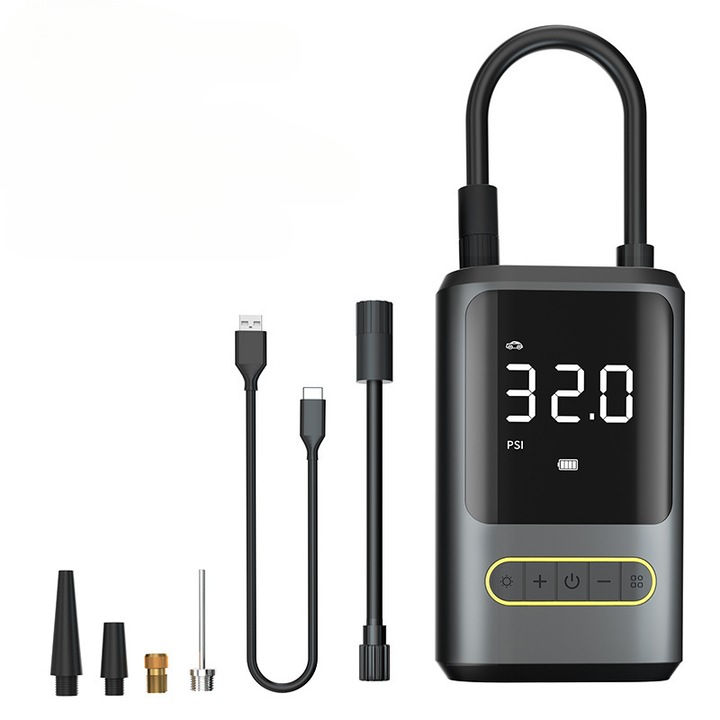 Pompa electrica de umflare, pompa electrica portabila de umflare cu 5 prize gonflabile pentru incarcarea telefonului mobil, afisaj digital LCD, iluminare inclusa, baterie de 4500mAh, negru, portabil, 86x50x130mm