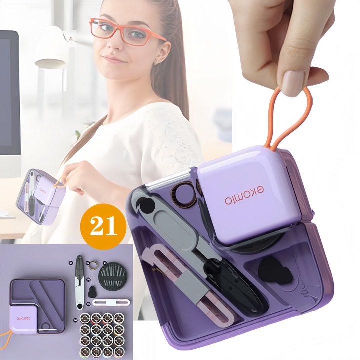 Set 21 articole cusut, Excitat, Stocare partitionata cu doua niveluri, Echipat cu un compartiment cu magnet pentru a absorbi acele de cusut, Cu snur, Dimensiune mica, portabil, pentru calator, adulti, copii, incepatori, reparatii de urgenta, Violet
