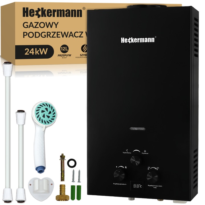 Incalzitor de apa pe gaz Heckermann JSD-HB04 12L LPG, 24 kW, 12 L/min, negru, dimensiuni 60x35x12cm