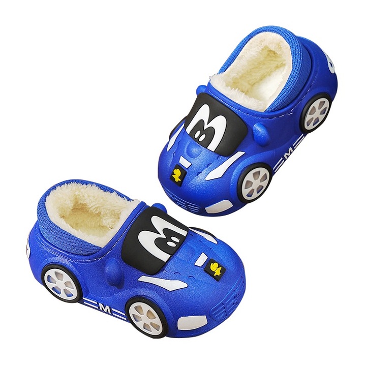Детски чехли, Подплатени и удебелени, нехлъзгаща се подметка, водоустойчиви, симпатична форма на кола, Син