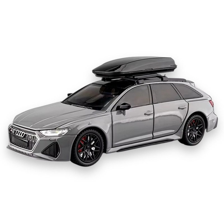 Macheta Audi RS6, din Metal, cu Lumini si Sunete realistice de Motor si Alarma, cu Functie Pull-Back, cu Functie de Deschidere a Usilor - Gri Ceramic