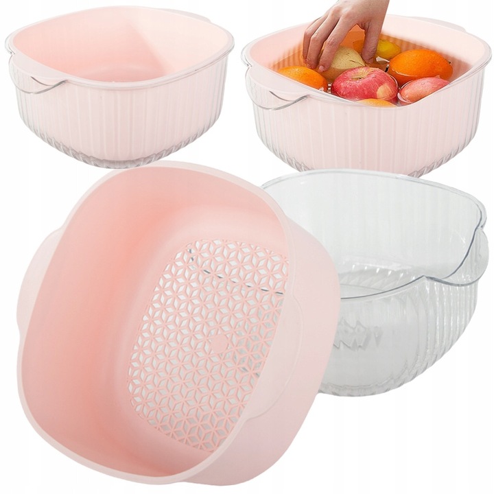 Sita pentru spalat fructe si legume, Zola®, cu doua manere, bol transparent, din plastic, 28 x 26 x 12 cm, roz