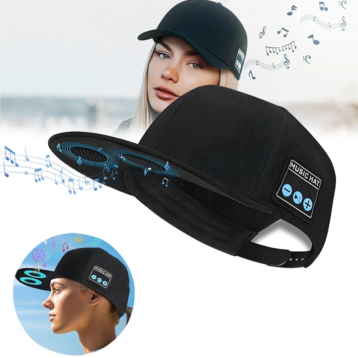 Sapca cu Bluetooth 5.4 Unisex, difuzor pentru apeluri si muzica, moale si confortabila, cu port TYPE-C si baterie litiu reincarcabila, sporturi in aer liber, marime universala, Negru