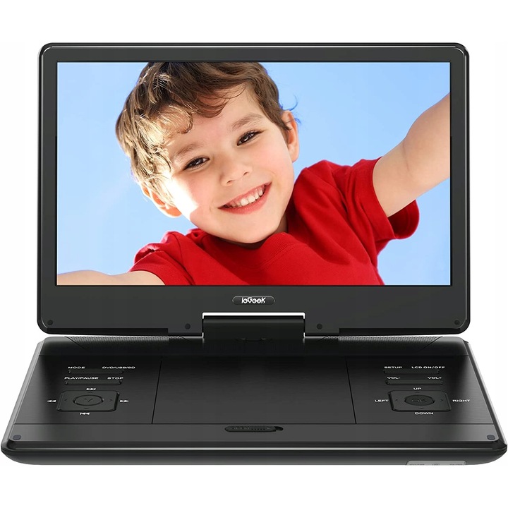 ieGeek 15,7-инчов преносим DVD плейър, с 14-инчов голям HD екран, 4000mAh батерия, до 5 часа употреба, поддръжка на USB/SD карта/телевизионна синхронизация и повече дискови формати, високоговорител с висока сила на звука, черен
