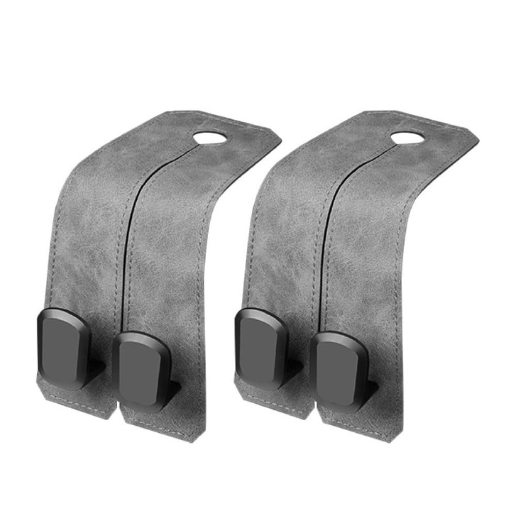 Set 2 Carlige pentru Tetiera Scaun Auto, POMAMA, Piele Premium，carlig dublu, Durabil si indoit, Usor de instalat, Pentru utilizare in genti de mana, portofele, bagaje, Gri