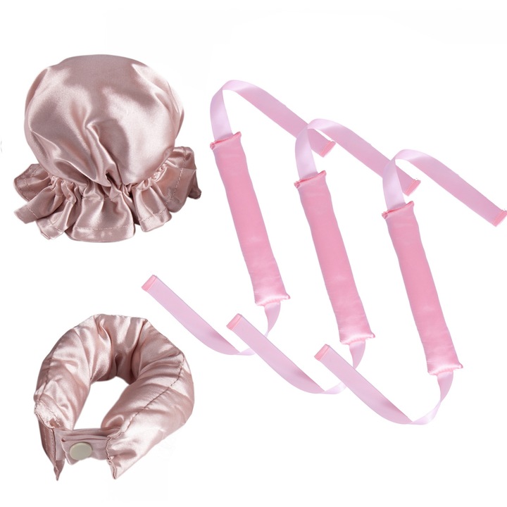 Set 5 de Bigudiu flexibil din satin, POMAMZ, Stil panglica + capac ondulat, Nu necesita caldura, bucle naturale, Roz sampanie