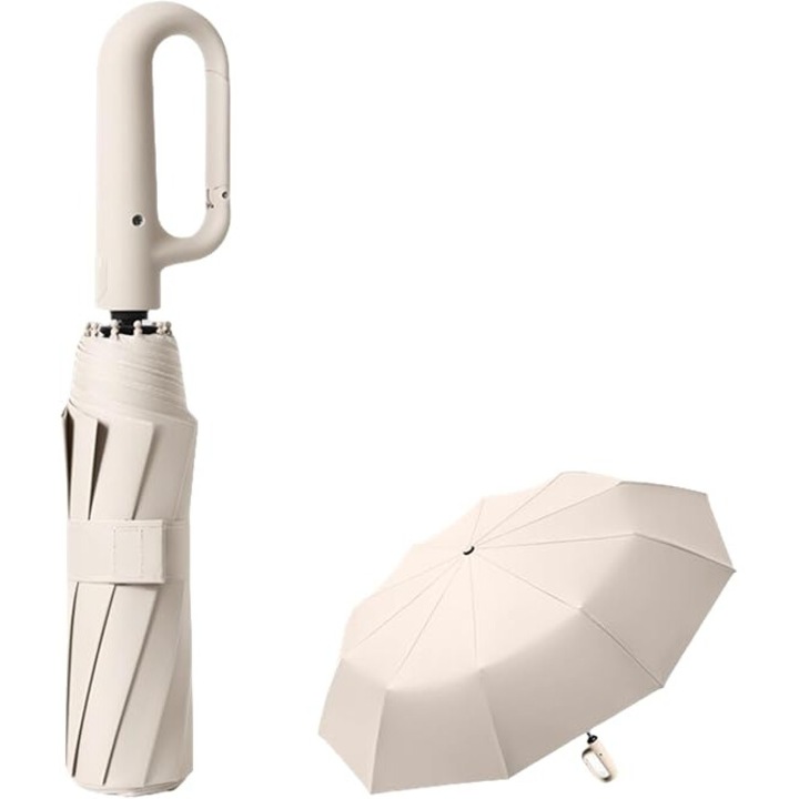 Сгъваем чадър за пътуване, водоустойчив материал, 10 пружини, автоматично отваряне/затваряне, 99% UV защита, кремав