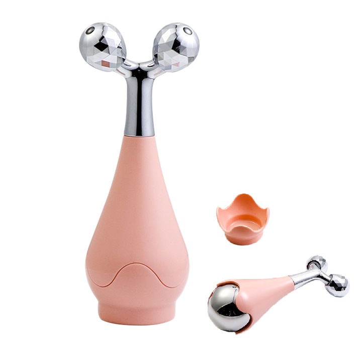 Role Aparat masaj facial 2 in 1, POMAMZ, ABS+otel inoxidabil, Poate fi aplicat cu gheata sau caldura, Reduce edemul, Ridicati si strangeti, Calmeaza pielea, micsoreaza porii, Roz