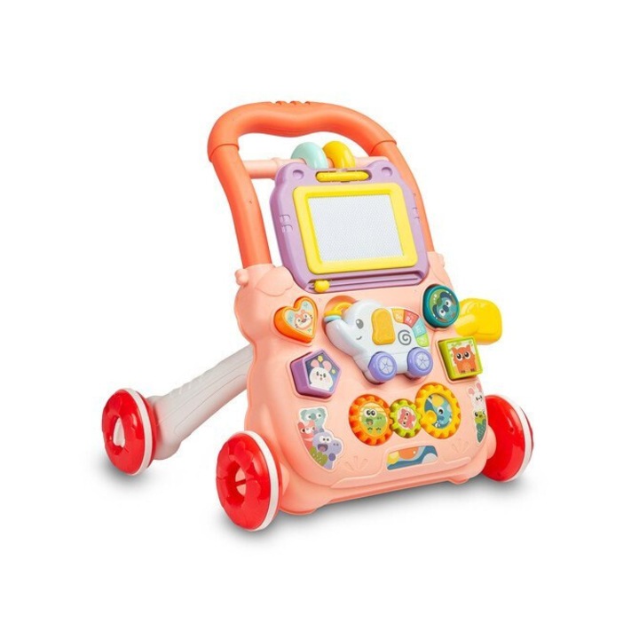 Jucarie de tras ZOO Toyz, interactiv, cu tablou de desen, roz, 39x33x40cm