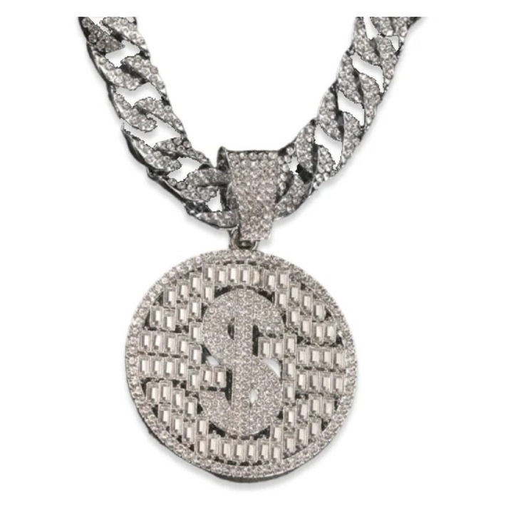 Férfi nyaklánc, Bling Dollar, cirkon, ezüst
