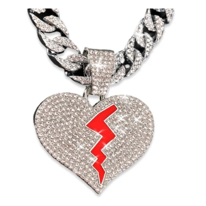 Broken Heart férfi lánc, cirkónium, ezüst, hip-hop, 45cm