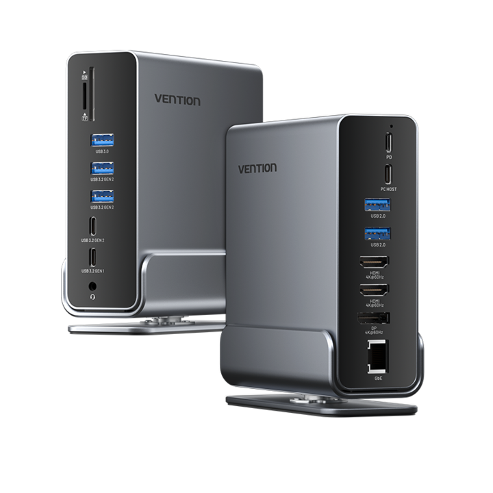 15 в 1 USB-C MST докинг станция, VENTION, DP+HDMIx2+USB 3.2 Gen 2-C+USB 3.2 Gen 2-Ax2+USB 3.2 Gen 1-C+USB 3.0+USB 2.0x2+RJ45+SD+TF+3.5mm TRRS+PD, сив