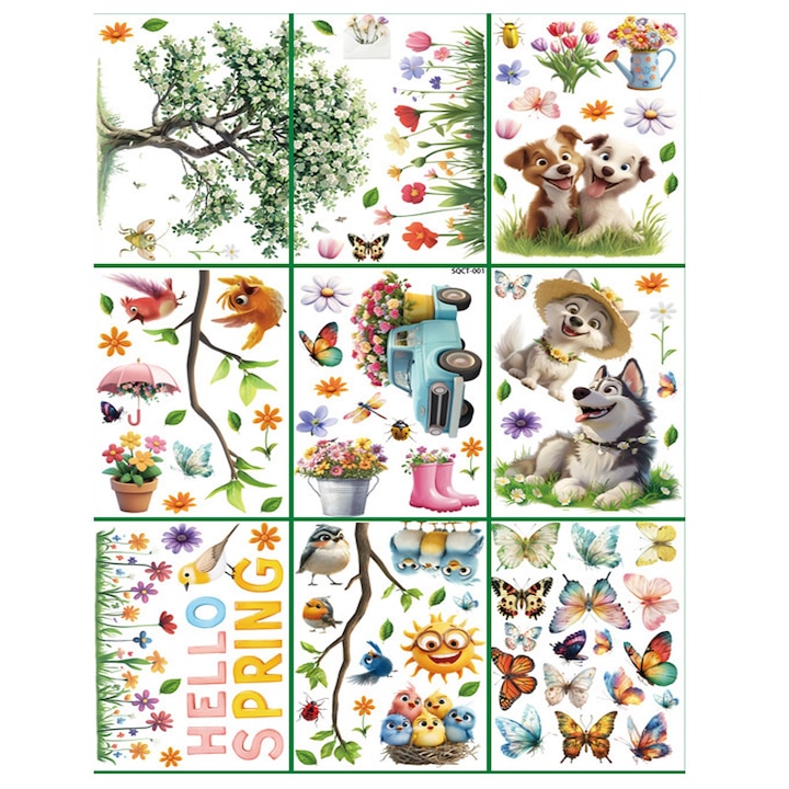 Autocolant decorativ Fereastra, Yhemday®, Flori Catei Pasari, primavara, Multicolor, 20 × 30 cm