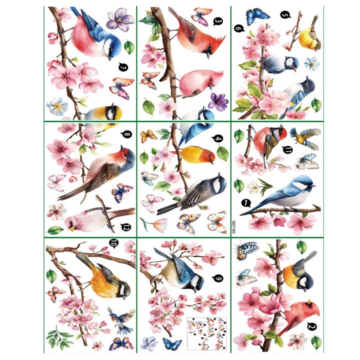 Autocolant decorativ Fereastra, Yhemday®, Copac Pasari, primavara, Multicolor, 20 × 30 cm