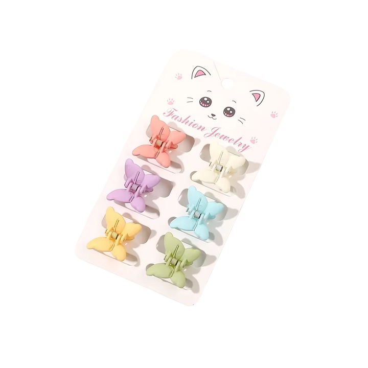 Clesti de par, set 6 bucati, model vesel opac, cu fluturasi, tematica colorful life, mov multicolor, EFAYN