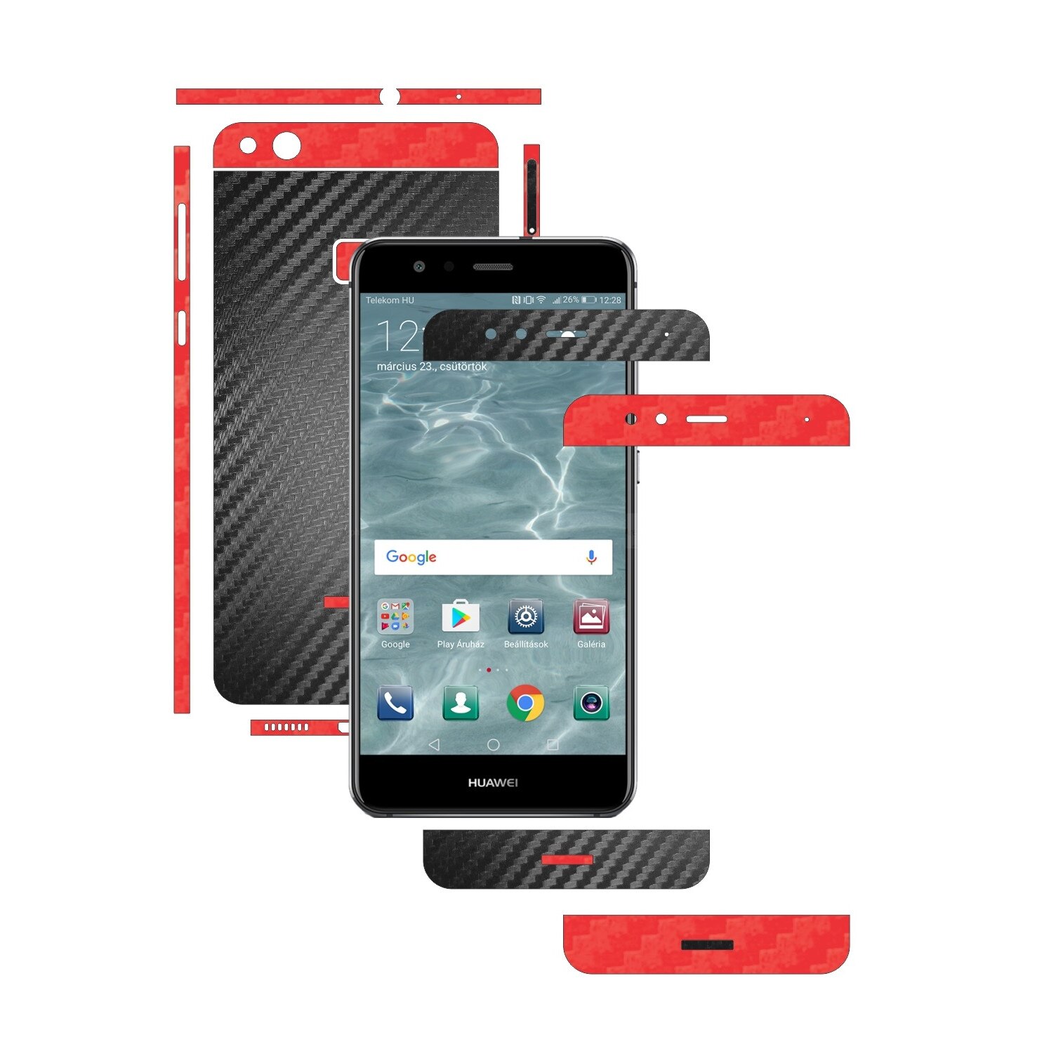 Folie de protectie Full Body Carbon Skinz, Acoperire Totala, Two Tone Negru / Rosu dedicata Huawei P10 Lite