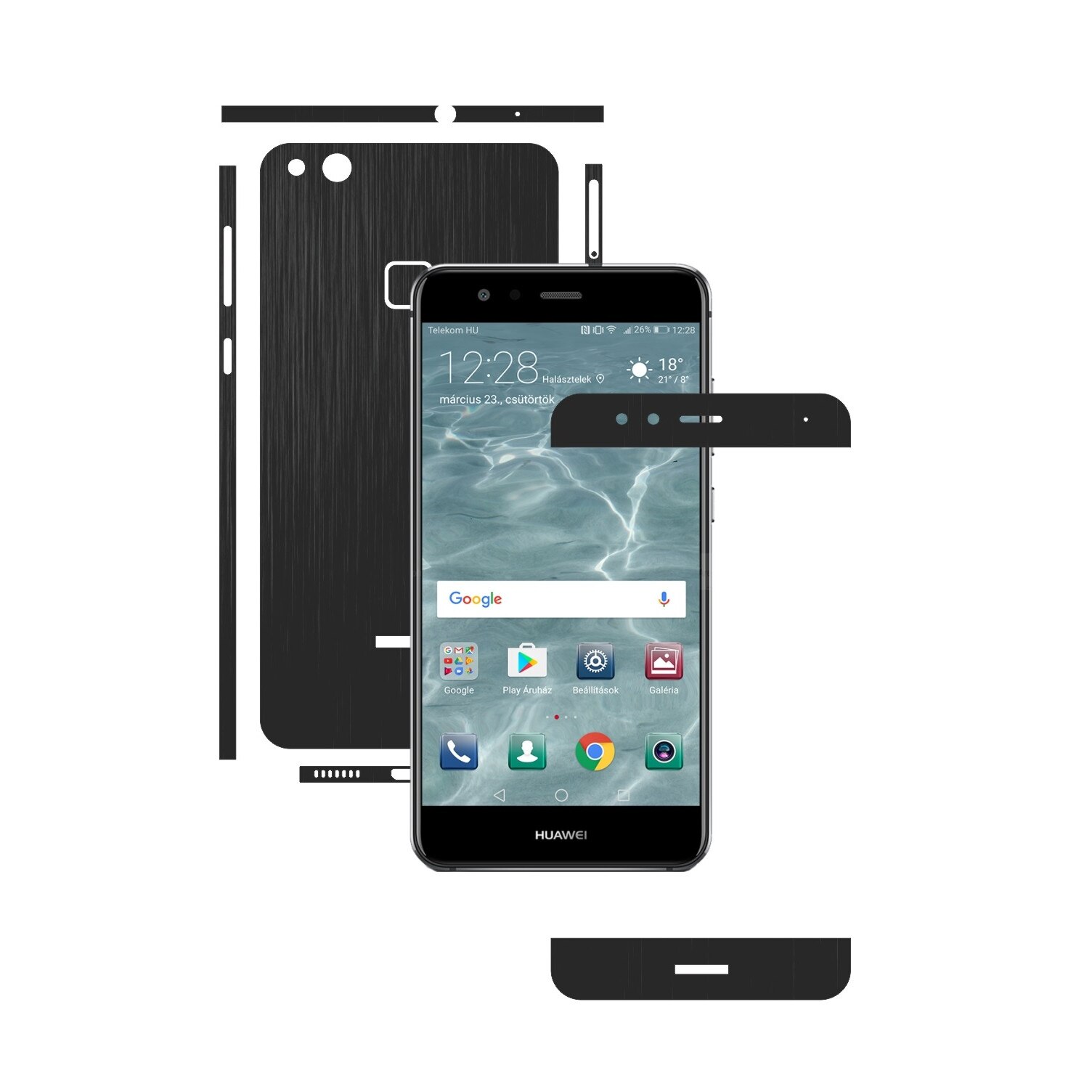 1 + 1 GRATUIT - Huawei P10 Lite - Brushed Negru - Folie de protectie Carbon Skinz, Husa Full Body Cover de tip Skin Adeziv pentru Rama Ecran,Carcasa Spate si Laterale