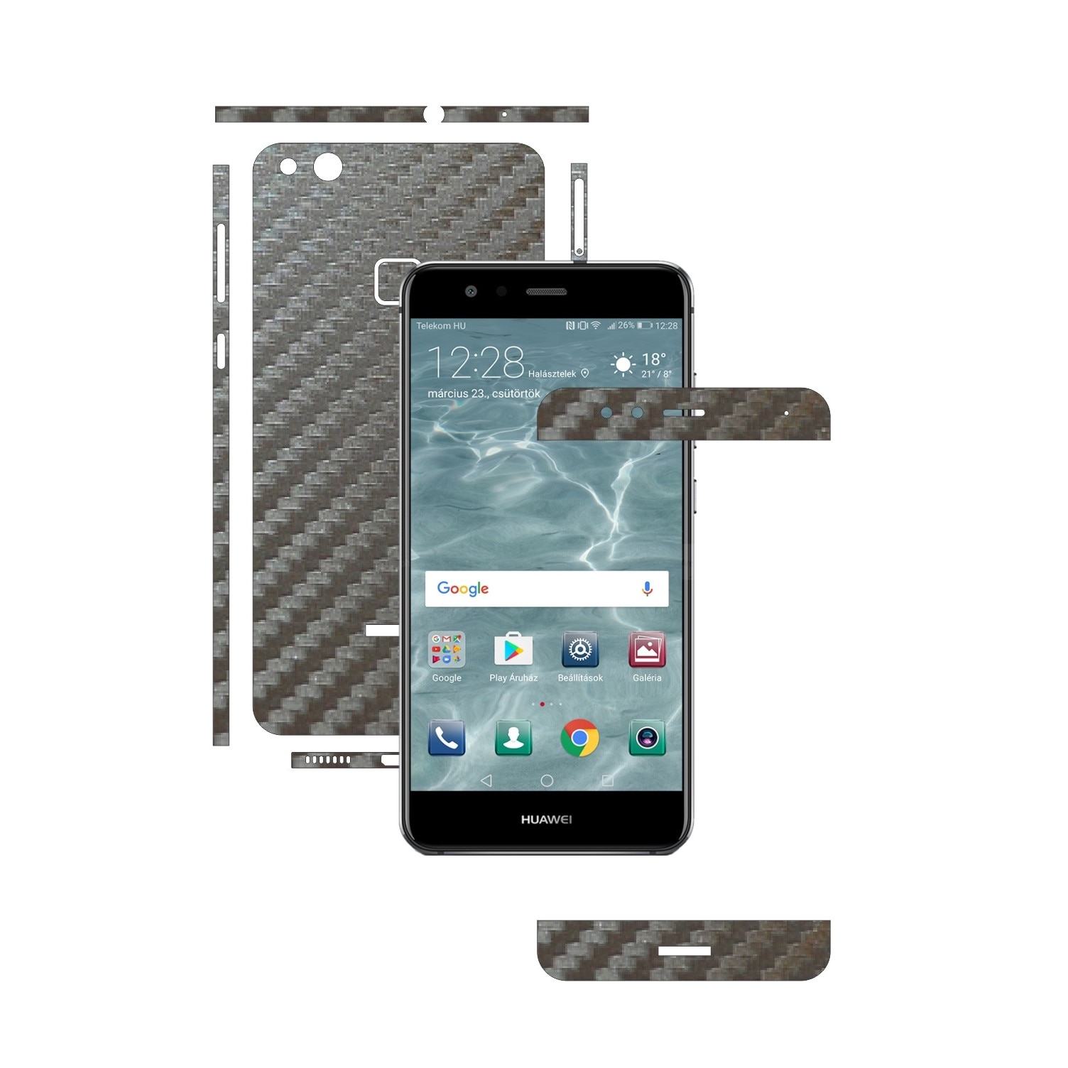Folie de protectie Carbon Skinz, Husa de tip Skin Adeziv pentru Carcasa, Carbon Gri Argintiu dedicata Huawei P10 Lite