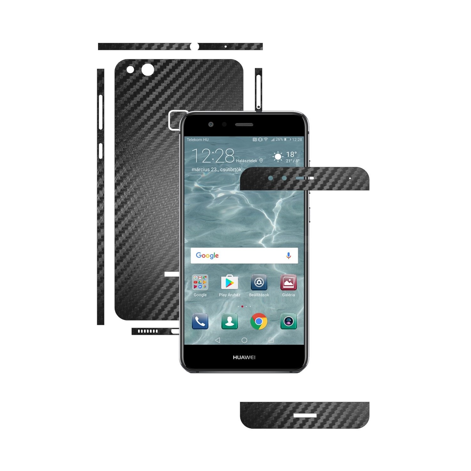 1 + 1 GRATUIT - Huawei P10 Lite - Carbon Negru - Folie de protectie Carbon Skinz, Husa Full Body Cover de tip Skin Adeziv pentru Rama Ecran,Carcasa Spate si Laterale