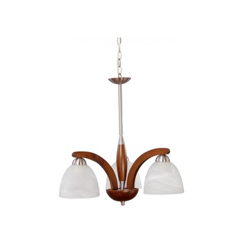 Lustra Bruni 3 KL 2529, corp crom satin, lemn cires, abajur alb, 3x60W E27 Lustra Bruni 3 KL 2529, corp crom satin, lemn cires, abajur alb, 3x60W E27