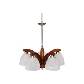 Lustra Bruni 5 KL 2530, corp crom satin, lemn cires, abajur alb, 5x60W E27 Lustra Bruni 5 KL 2530, corp crom satin, lemn cires, abajur alb, 5x60W E27