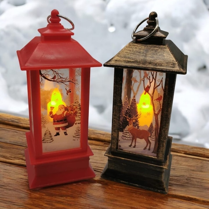 Set 2 Felinare de Craciun 13 cm cu lumina LED calda sclipitoare, Bronz metalizat si Rosu, model 2024. VisionXXI