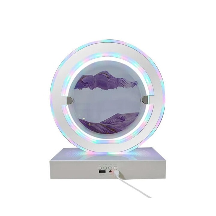 Dekoratív tárgy íróasztalhoz SingSand Doty®, futóhomokos, 3D, forgó homokóra, anti-stressz, kerek forma, hangszóró, bluetooth csatlakozás, lámpák, fehér/lila, 29x24 cm