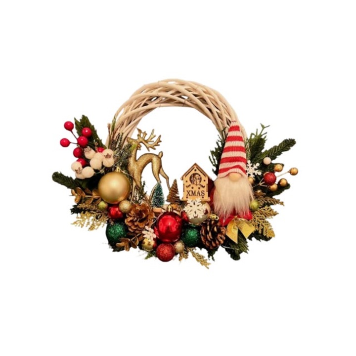 Coronita de ratan, handmade 15x30 cm, model Craciun cu instalatie luminoasa