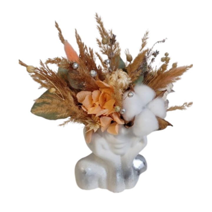 Decoratiune mini vaza decorata manual cu flori uscate si criogenate, Ipsos, Multicolor, Inaltime 15 cm