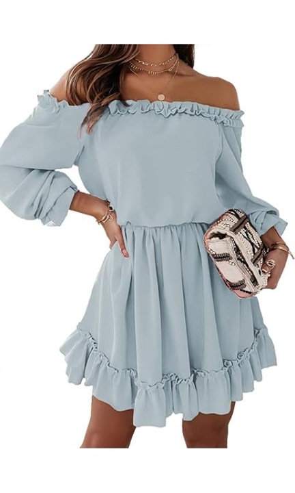 Női nyári ruha, Dokotoo, fodros és csupasz váll, gumis derék, M-es méret, Dusty kék